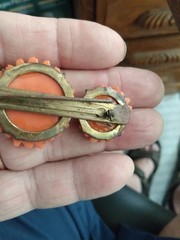 Antique Red / Orange Coral Color Czech Glass Pin / brooch carved chrysanthemum