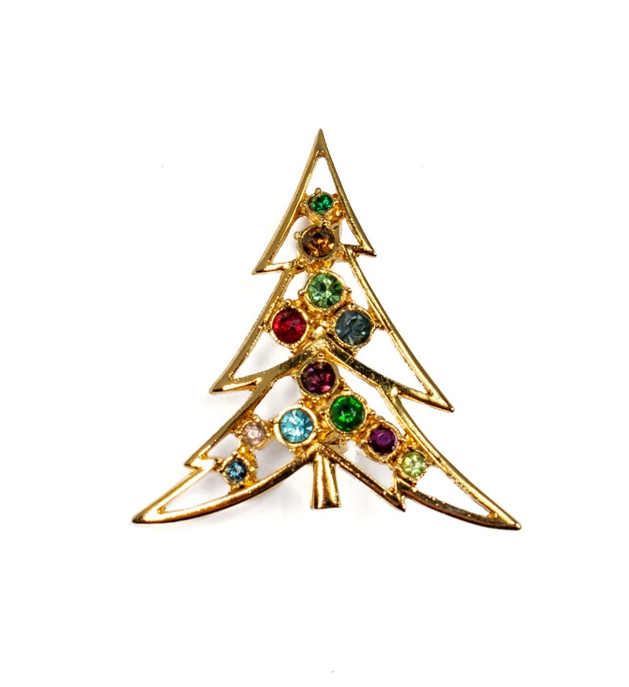 Vintage Christmas Tree Brooch Pin Gold-Tone with Glass Rhinestones