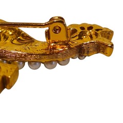 Vintage Style Elegant Rhinestone & Faux Pearl Peacock Bird Brooch Goldtone