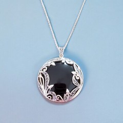 Vintage Retro Sterling Silver Pendant Necklace Round Onyx Marcasite