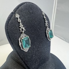 Beautiful Art Deco Inspired Silver Tone Faux Aqua Stones Drop Dangle Earrings