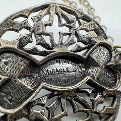 Vintage Miracle Celtic Pendant Necklace Blue Cabochon Faux Opal Silver Tone 17in