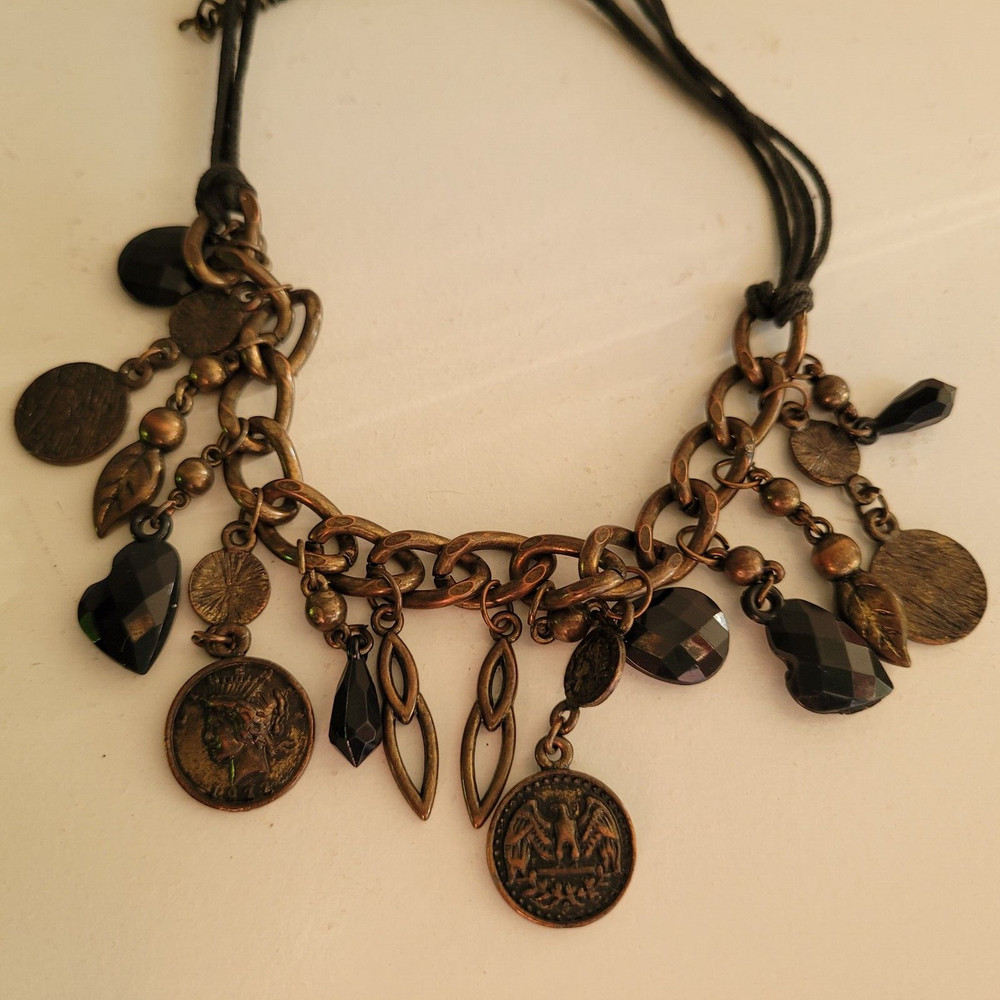 Vintage Necklace Charms Coins Jewels Metal Cording Chain 16″
