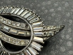 Vintage High End Celestial Crescent Silver Tone Baguette Rhinestone Brooch Pin