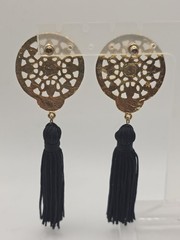 Vintage Textured Goldtone Boho Dangle Earrings With Black Tassles