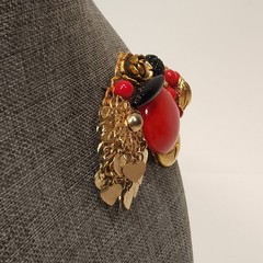 VTG Maximalist Art Brooch Pin Red Black Gold Tone Statement Fashion Steam Punk