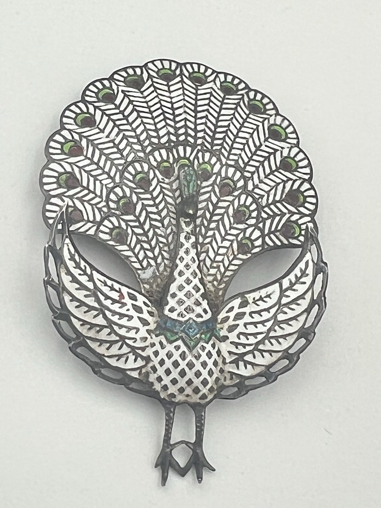 Vtg Siam Sterling Silver Peacock Brooch – Niello Enamel Thai Bird Pin – As Is –