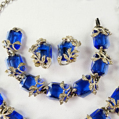 Vintage BSK Blue Glass Crystal Leaf Demi Parure Necklace Bracelet Earrings SET