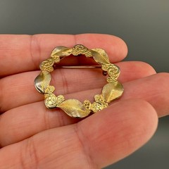 Vintage Wreath Brooch Lot Gold Tone Faux Seed Pearl Pink Stones Textured Brushed