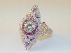 Art Deco Style 3.45Ct Lab Created Diamond & Sapphire Engagement 925 Silver Ring