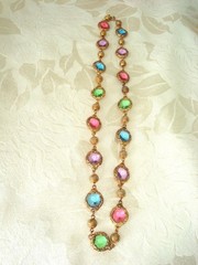 Vintage Gold Tone Necklace Bezel Set Pink Purple Blue Green Stones 22 1/2 In.
