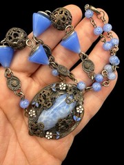 Czech Art Nouveau Deco Periwinkle Cornflower Blue Opine Glass Floral Necklace
