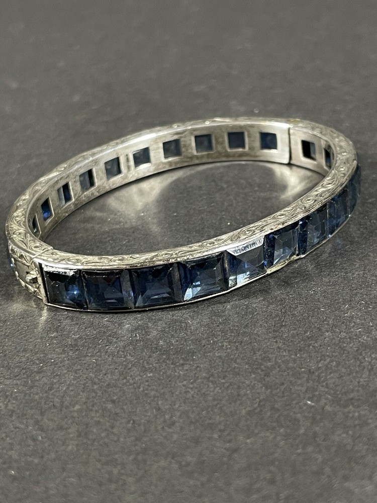 Art Deco Sapphire Color Blue & Sterling Bangle Bracelet