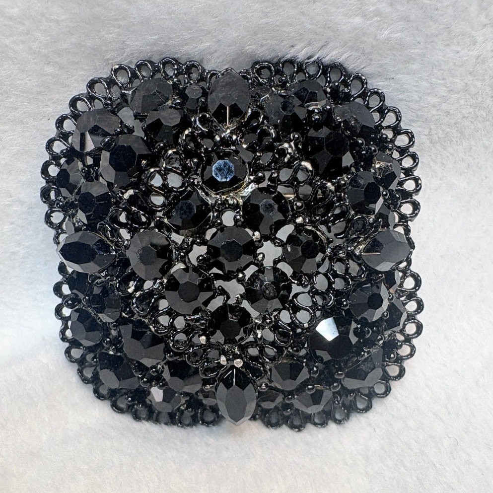 Mid‑Century Black Glass Cluster Brooch • Japanned Cast Metal • 1940s–50s