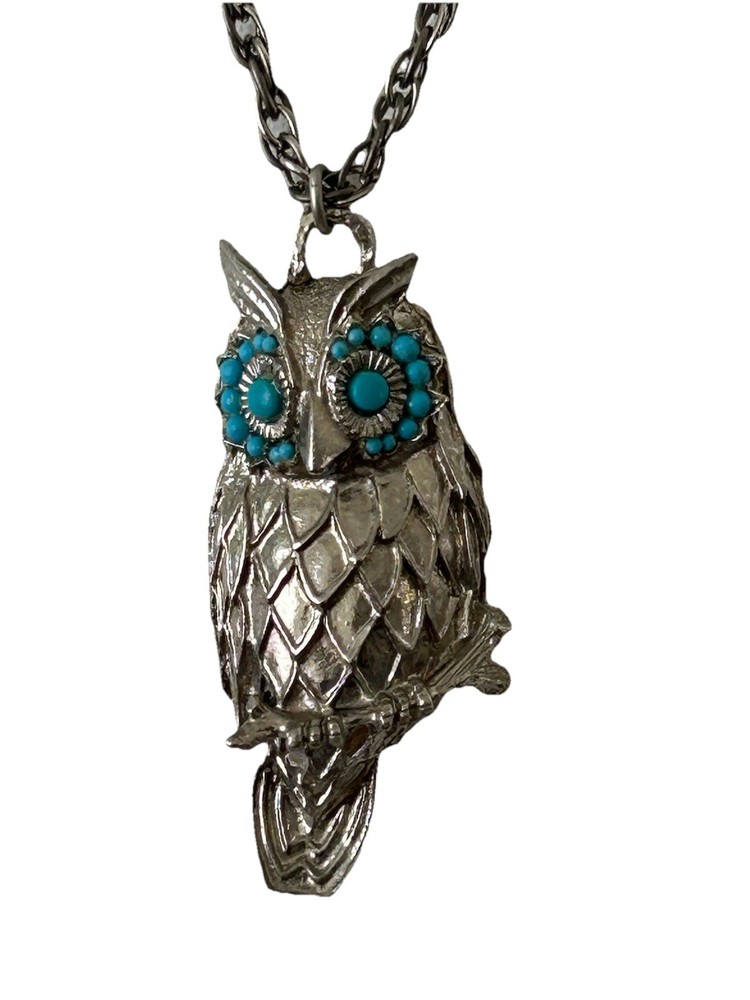 Vintage Silver Tone Owl Necklace Turquoise Cabochon Eyes 24” Boho Retro