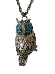 Vintage Silver Tone Owl Necklace Turquoise Cabochon Eyes 24” Boho Retro