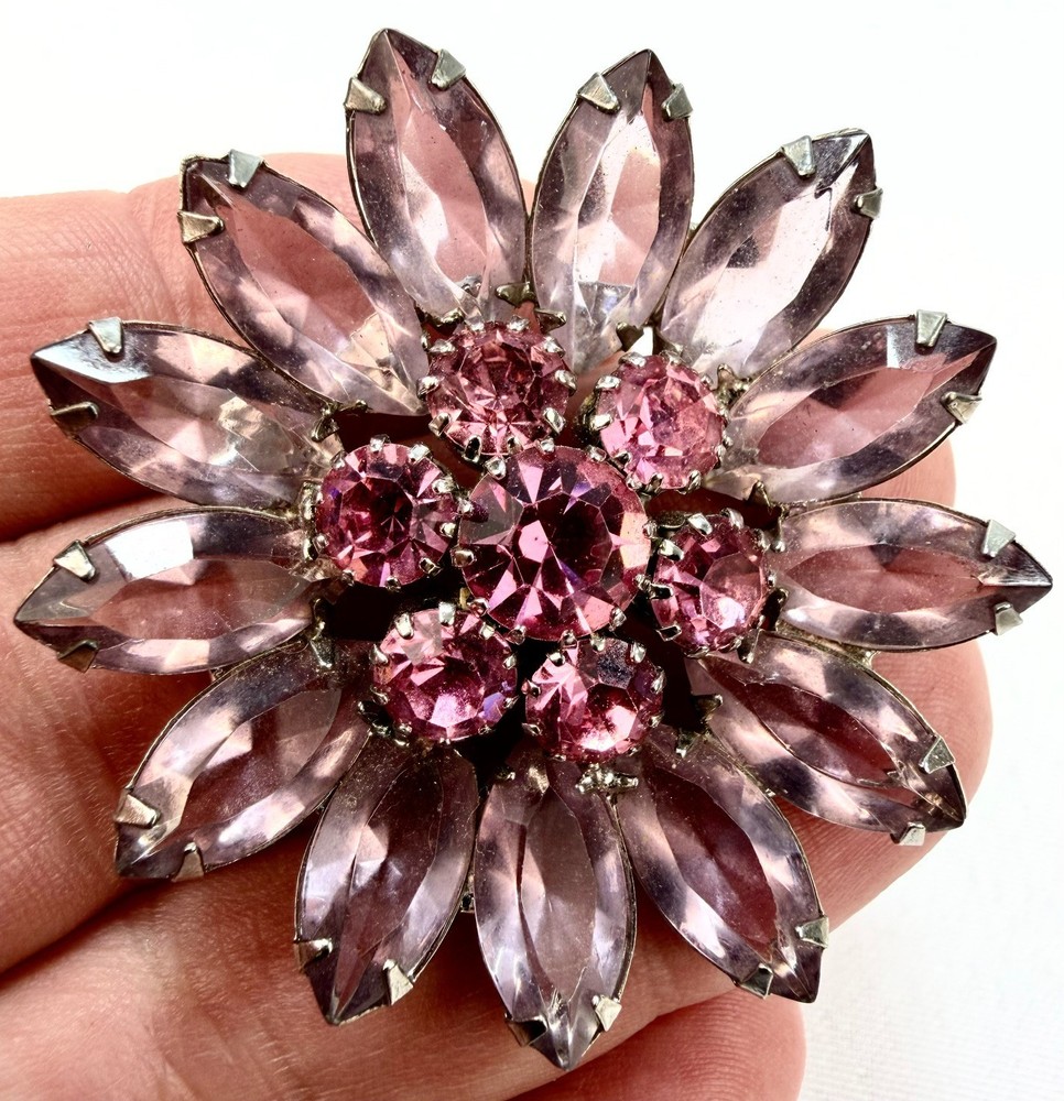 Vtg Purple Lavender Pink Rhinestone Flower Brooch Pin Marquise Cut Silver