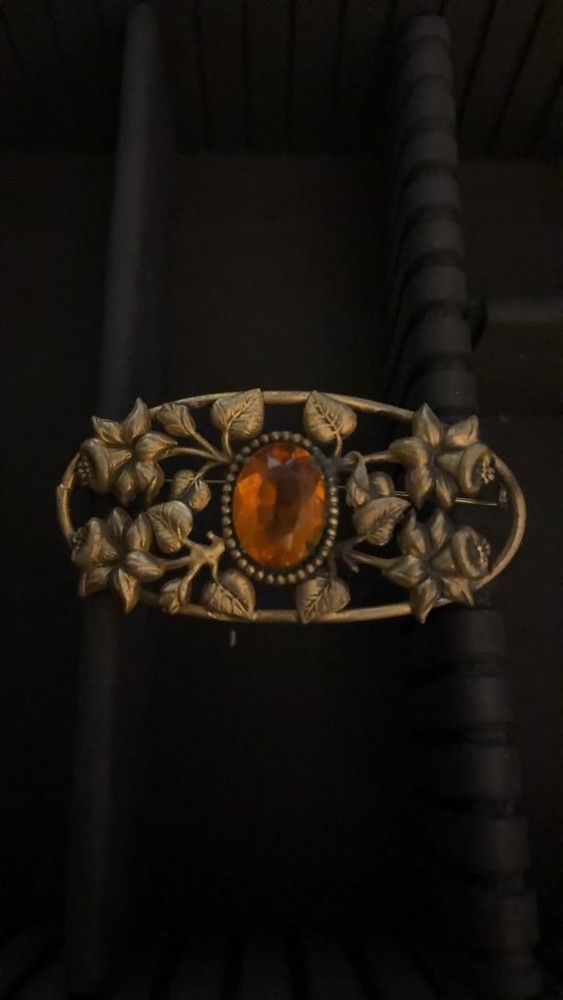 Vintage Brass Floral Hairpin with Amber Stone