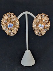 Vintage Gold Tone Filigree Clip On Earrings Faux Seed Pearl Aurora Borealis Oval