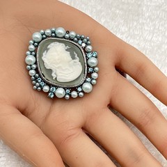 Vintage Blue Cameo Brooch Faux Pearl Rhinestone Silver Tone AS IS 1.75″