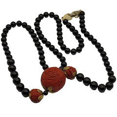 Asian Chinese Inspired Red Carved Cinnabar Black Onyx Bead Beaded Necklace 33 In