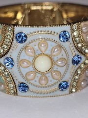 Vintage Wide Cuff Cloisonné Bracelet Ornate Enamel Rhinestone Gold-tone Jewelry