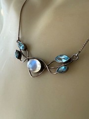 VINTAGE ESTATE STERLING SILVER MOONSTONE CABOCHON BLUE TOPAZ CHAIN NECKLACE 18″