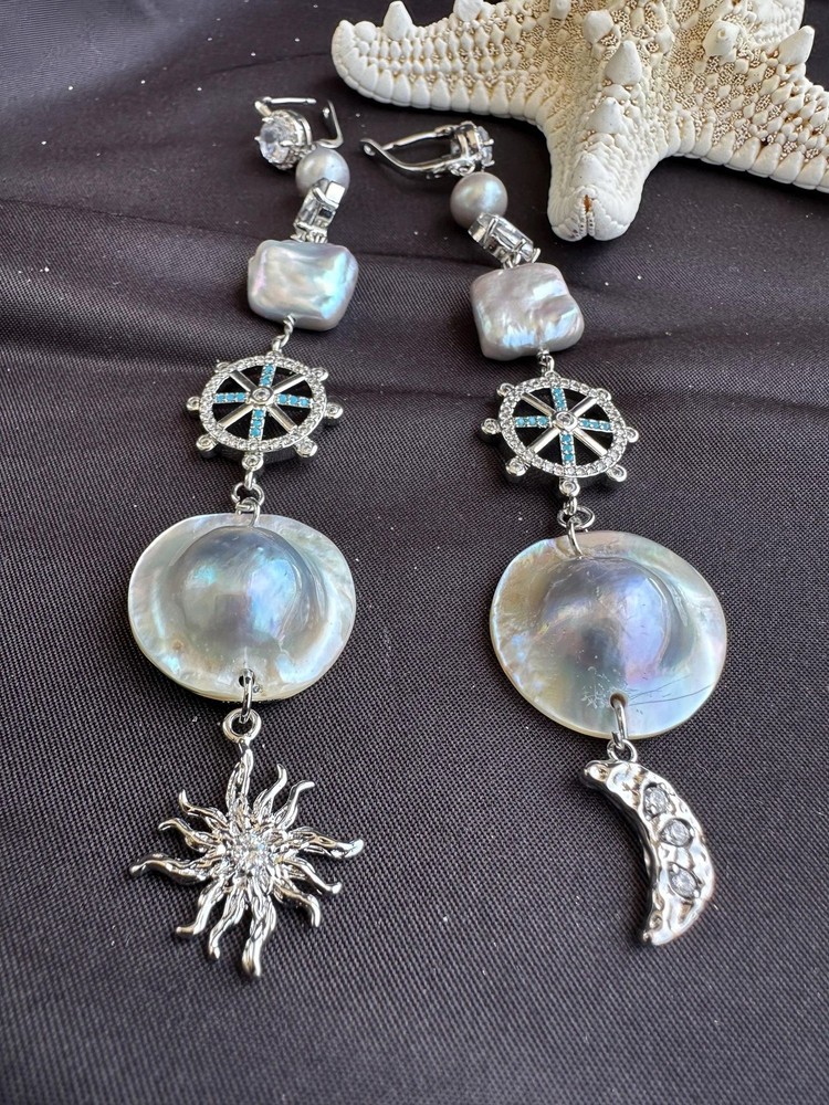 Extra Long Mabe Pearl Statement Earrings, Asymmetrical Sun Moon Dangle