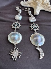Extra Long Mabe Pearl Statement Earrings, Asymmetrical Sun Moon Dangle