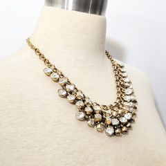 Gold Tone Statement Bib Necklace 18″ With Faceted Bling Clear Rhinestones