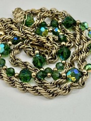 Signed Napier 3 Strand Green Aurora Borealis Crystal Bead Gold Chain Necklace