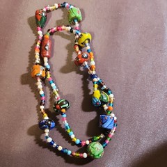 VINTAGE MURANO ART GLASS MILLEFIORI ROUND BEAD MULTI COLOR NECKLACE 30″ LONG