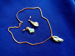 Vintage Turquoise Chunk Pendant Necklace & Stud Earrings Set Gold Plated Handmad