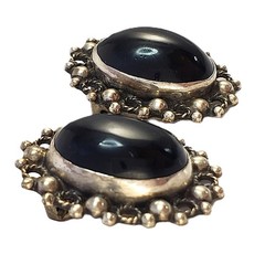 SILVER and Black ONYX CLIP Artisan Earrings Vintage Oval Open Work 1″ 9.48g