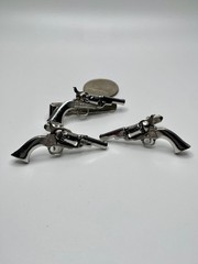 Vintage Anson Silver Tone Detailed Pistol Revolver Cufflinks Tie Clip MCM