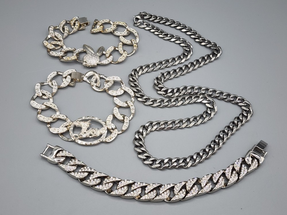 Career Mens Boys Jewelry Bundle Chunky Silver Tone Dragon Bracelet 30″ Chain