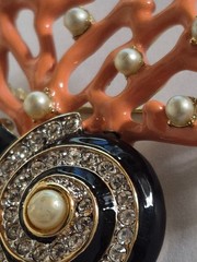 Kenneth J. Lane Signed KJL Coral Black Enamel Brooch Nautilus Shell Faux Pearl