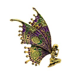 Enamel Fairy Brooch Pin Purple Green Gold Tone Fantasy Winged Figural Costume