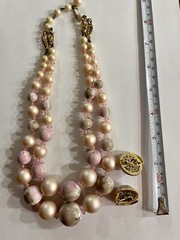 Vintage Pink Beaded Necklace Multi-strand Adjustable 17″ With Matching Earrings