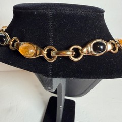 Francesca Romana FR Gold Tone Link Necklace Black & Honey Cabochons 15.5″