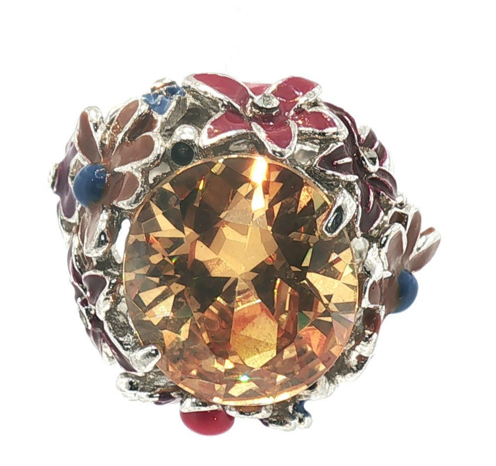 Vintage Floral Cocktail Ring Yellow Faceted Stone Multicolor Enamel Adjustable