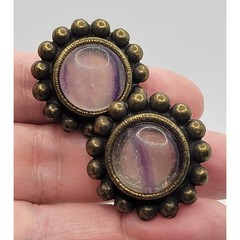 Vintage Signed Graziano Fluorite Clip On Earrings Purple Stone Cabochon Bronze