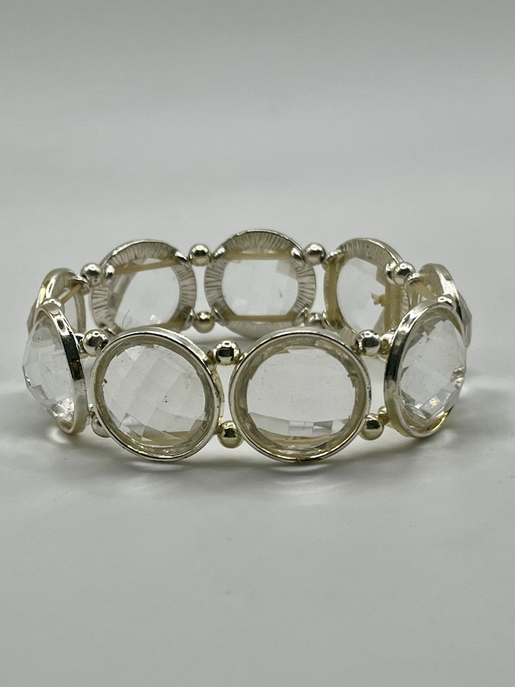 Vintage Silver Tone Large Clear Lucite Faceted Beads Stretch Cuff Bracelet 3”