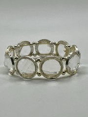 Vintage Silver Tone Large Clear Lucite Faceted Beads Stretch Cuff Bracelet 3”