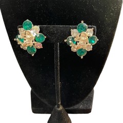 Vintage Art Nouveau Style Fairy Woman Green Rhinestone Clip Earrings Silver Tone