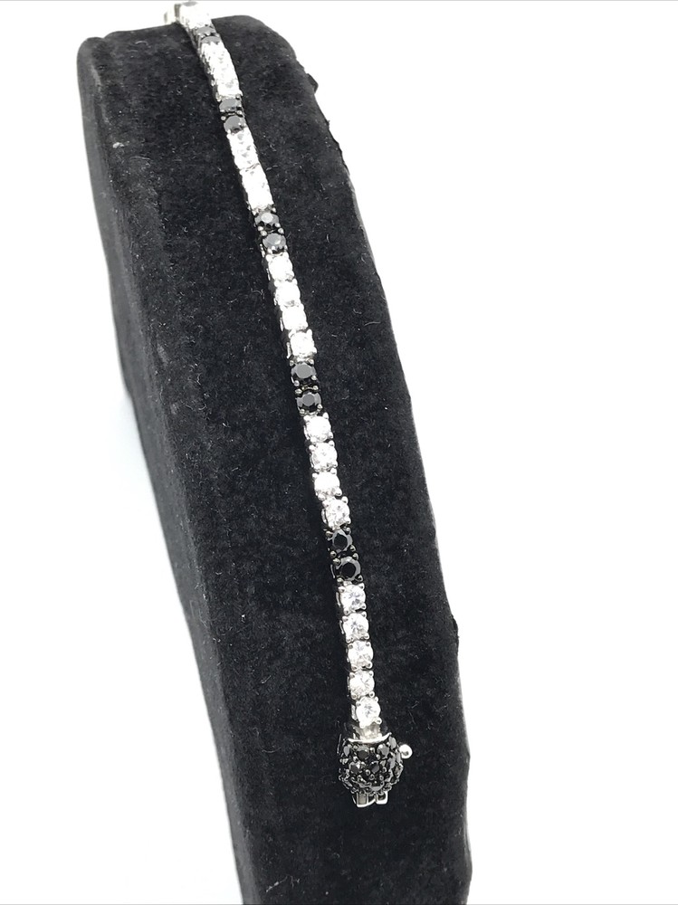 Vintage Black Onyx & Cubic Zirconia Stunning SIlver tone Tennis Bracelet 6.75″