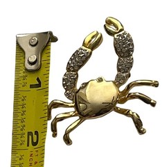 Gold-Tone Crab Brooch with Rhinestone Claws Beach Ocean Pin 2” Statement piece