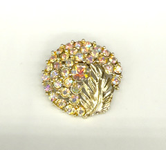 Vintage Brooch Gold Tone Feather AB Rhinestone Flower 1.5 Inches