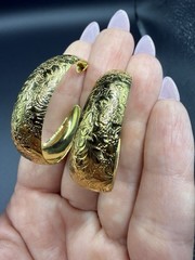 Vintage Large Thick Who Like Golden Flower Etched Earrings