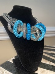 Vintage Graziano Mesh Chain Runway Necklace Estate Jewelry Statement Blue Enamel